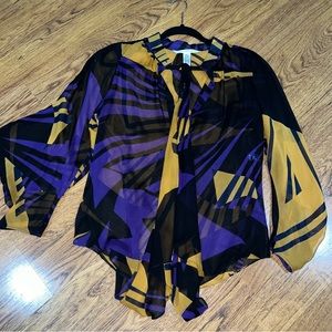 diane von furstenberg blouse black gold purple abstract with neck tie scarf 8